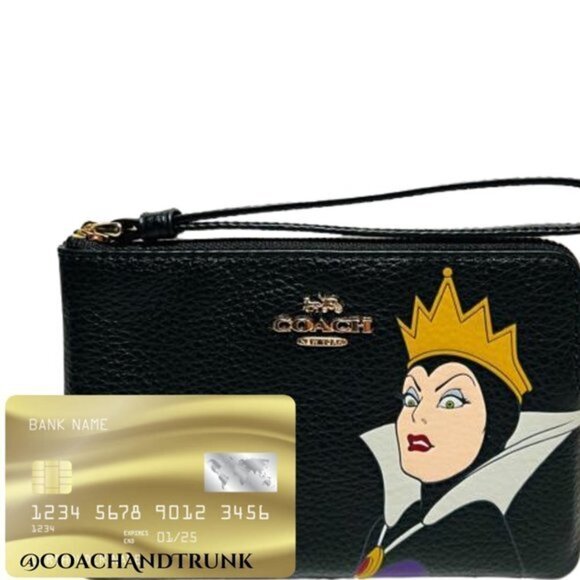 COACH Disney X Coach Leather Corner Zip Wristlet With Evil Queen Motif NWT - Picture 2 of 10